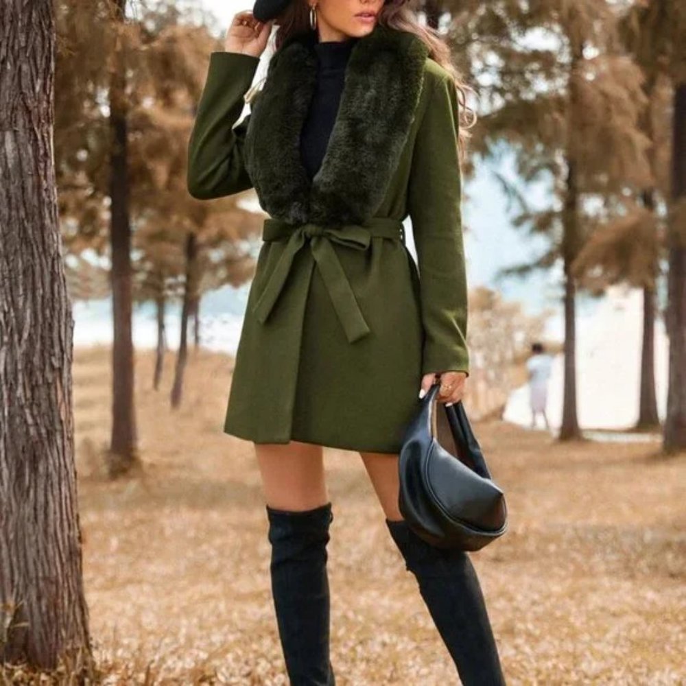 Faux fur collar Belted Overcoat Jacket Coat - Picture 4 of 6